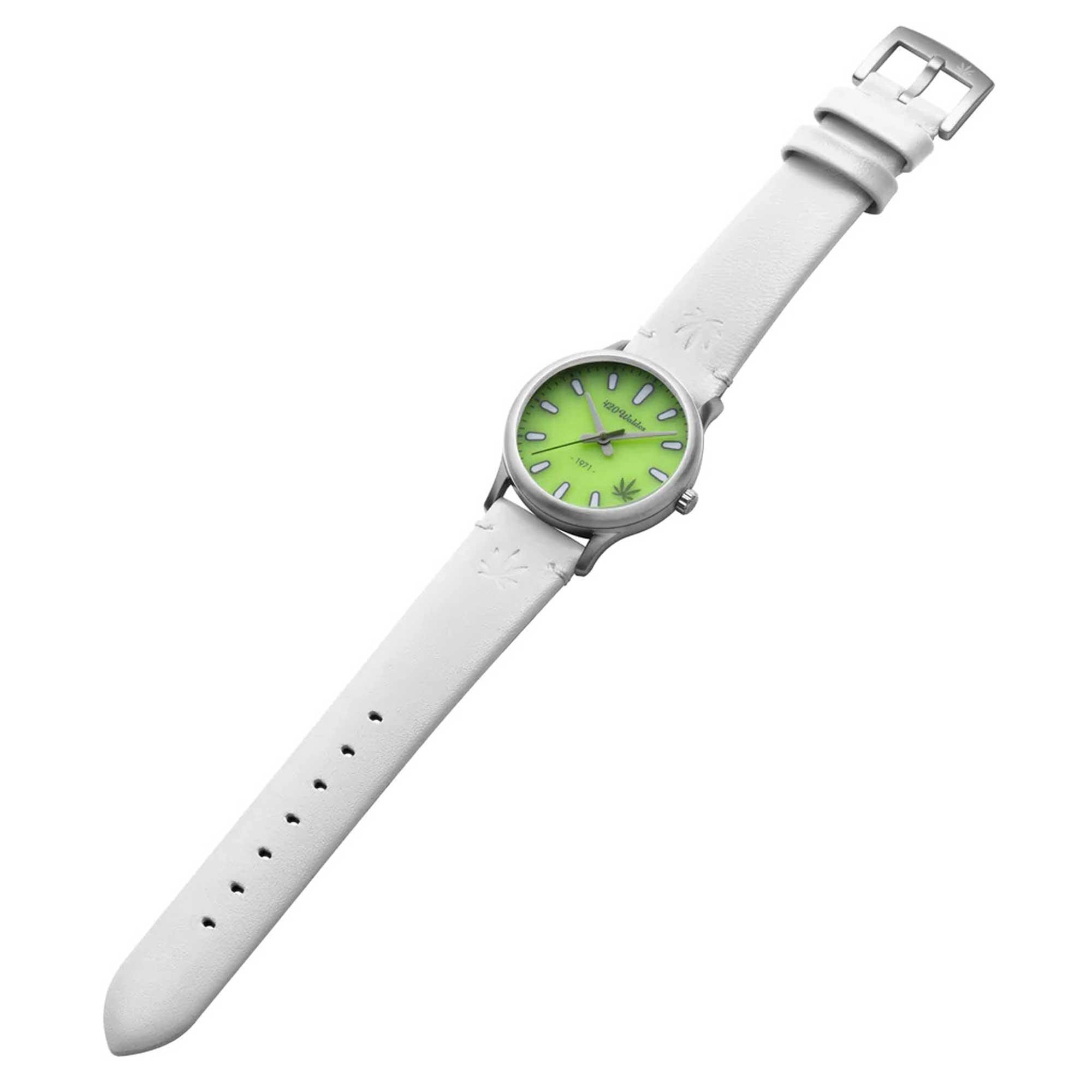 420Waldos Women's Quartz Watch - Mary Jane Green Dial White Leather Strap | W2017