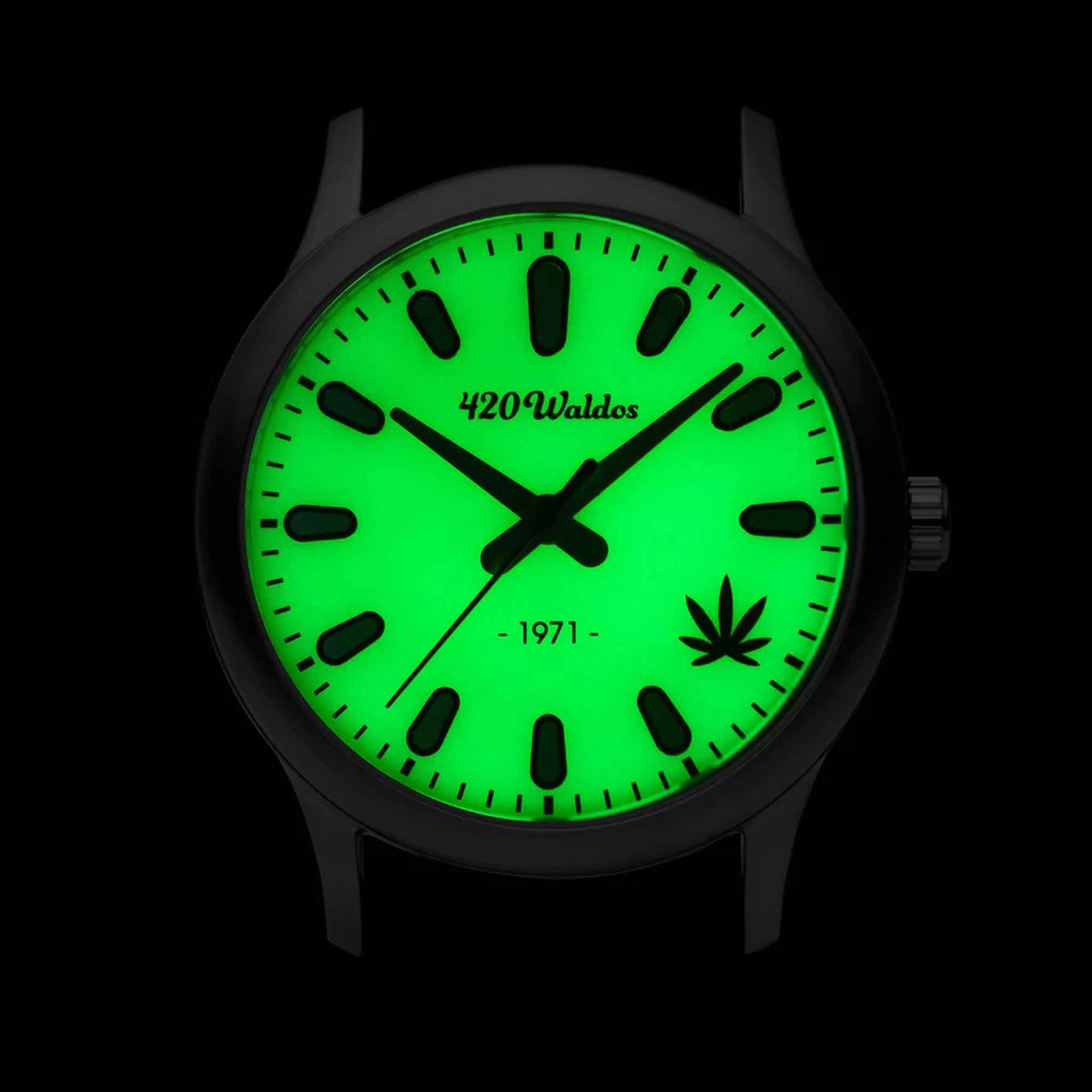 420Waldos Women's Quartz Watch - Mary Jane Green Dial White Leather Strap | W2017