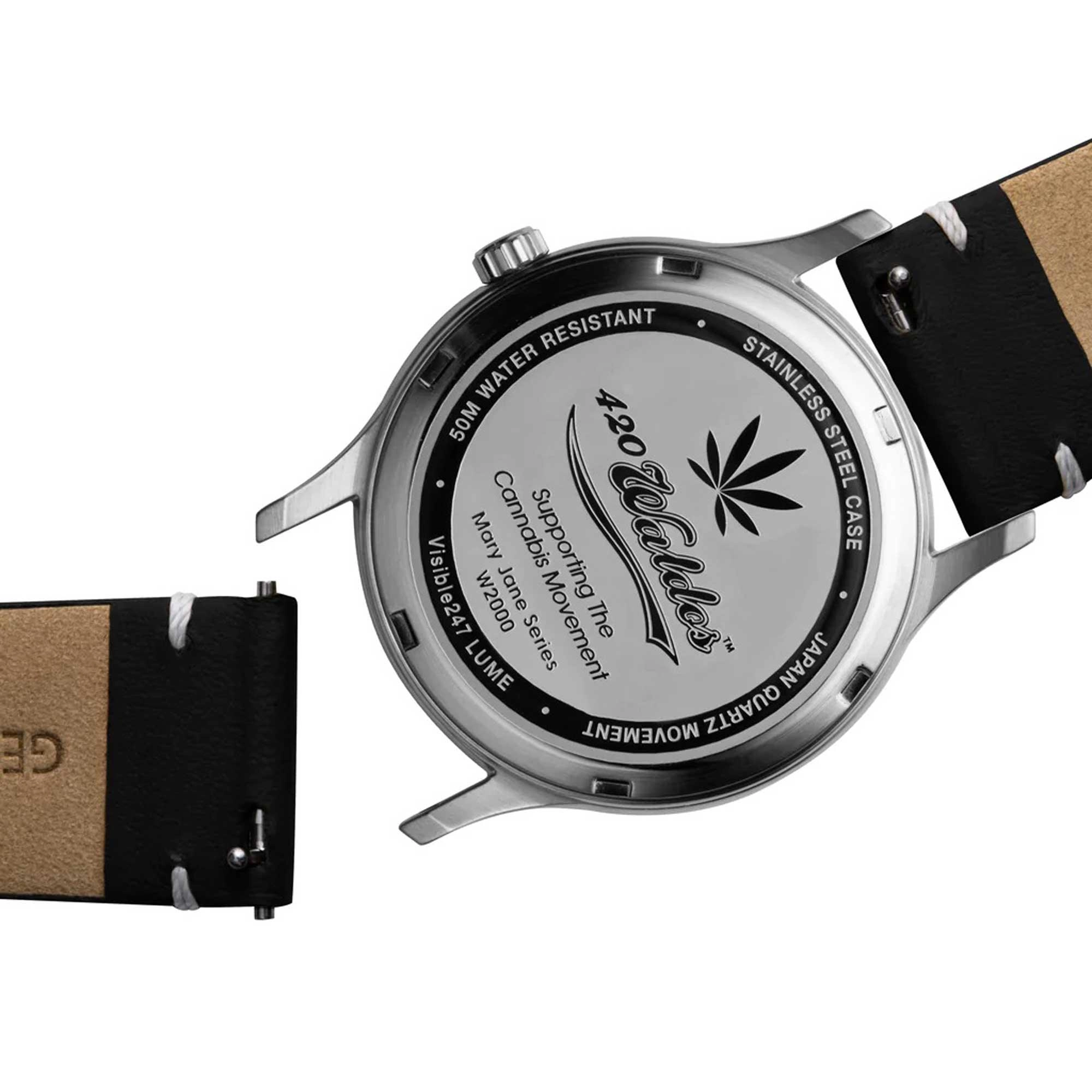 420Waldos Women's Quartz Watch - Mary Jane Green Dial White Leather Strap | W2017