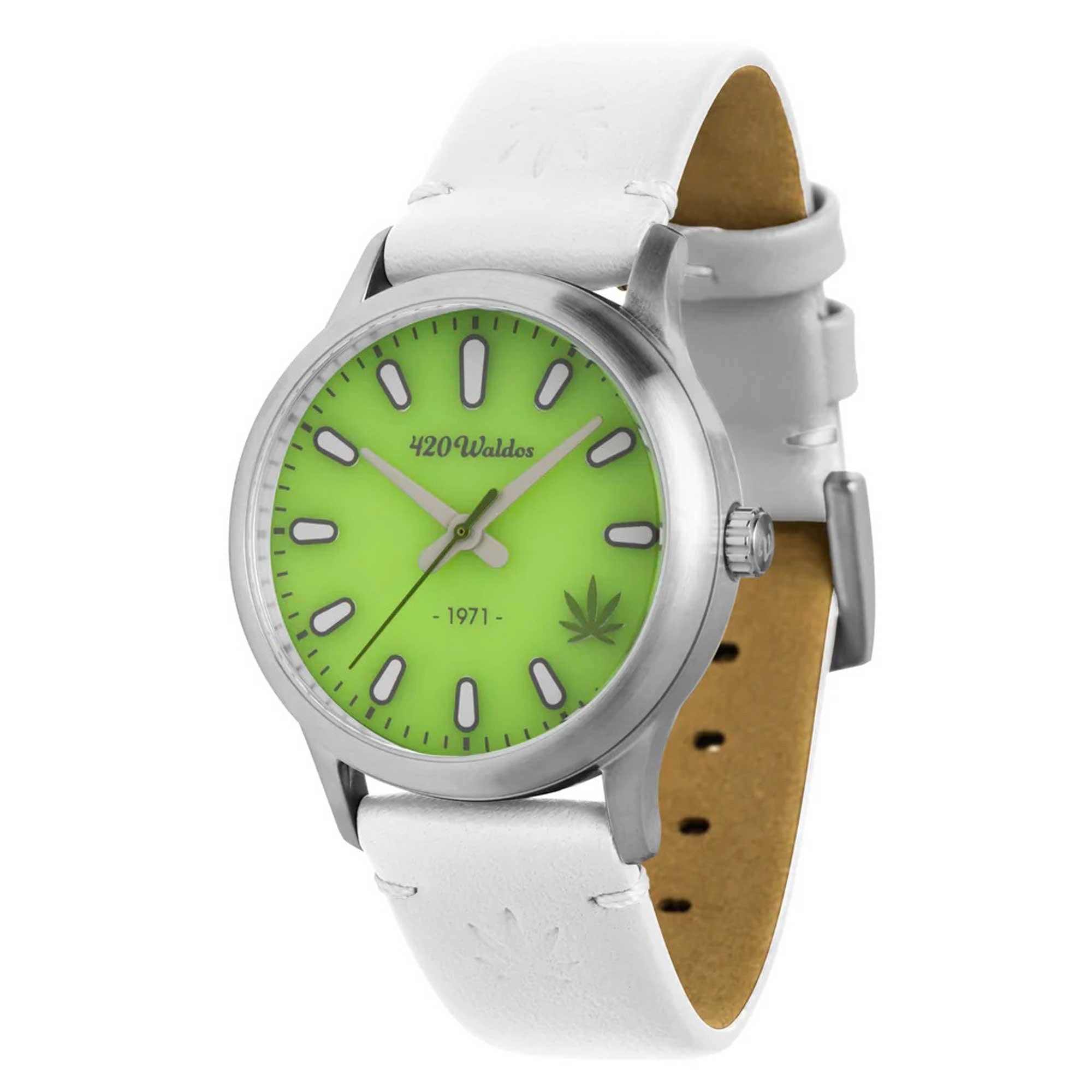 420Waldos Women's Quartz Watch - Mary Jane Green Dial White Leather Strap | W2017