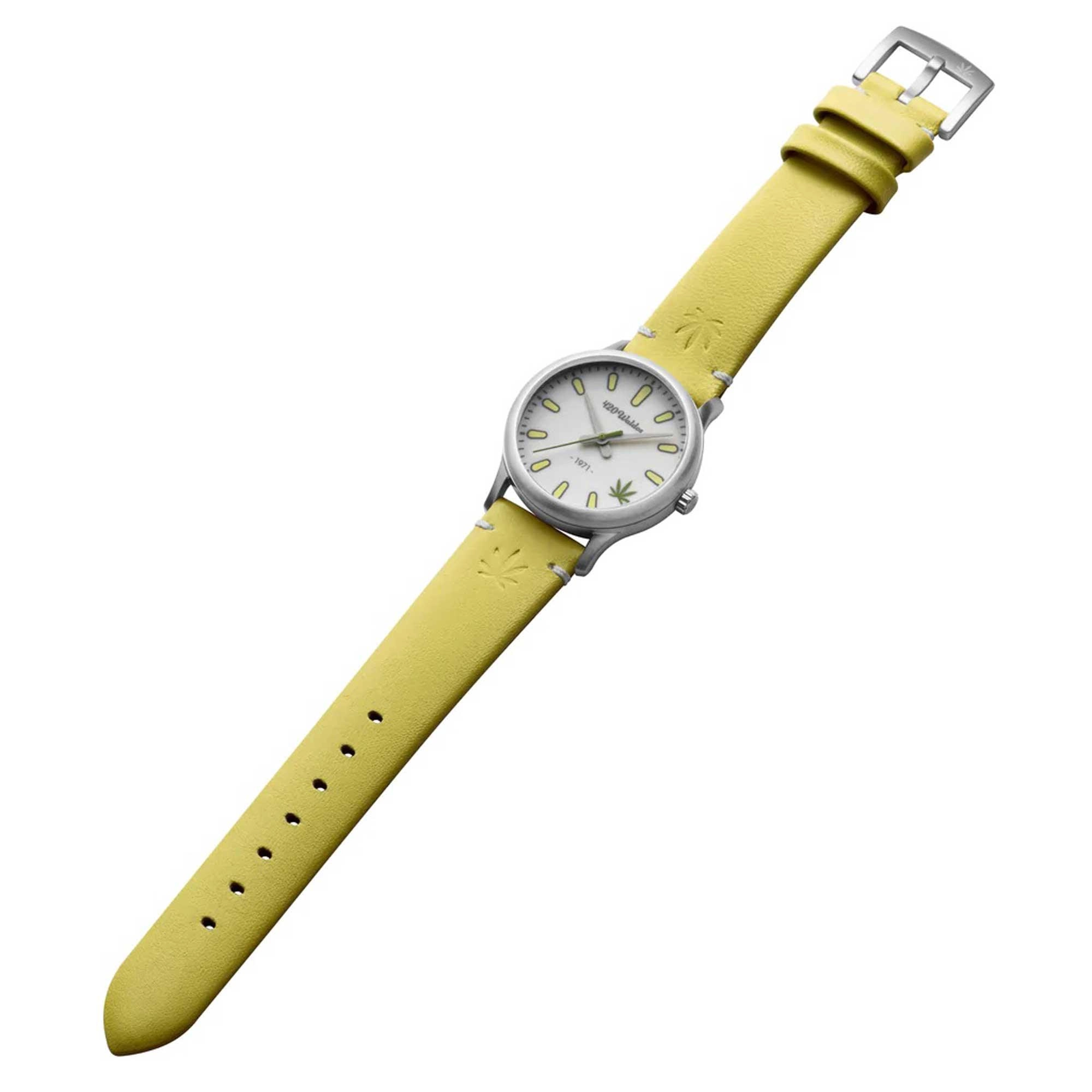 420Waldos Women's Quartz Watch - Mary Jane White Dial Yellow Leather Strap | W2006