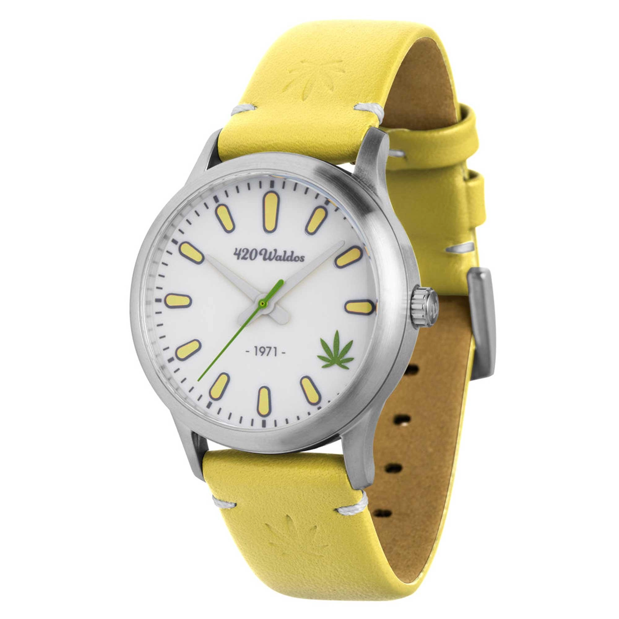 420Waldos Women's Quartz Watch - Mary Jane White Dial Yellow Leather Strap | W2006