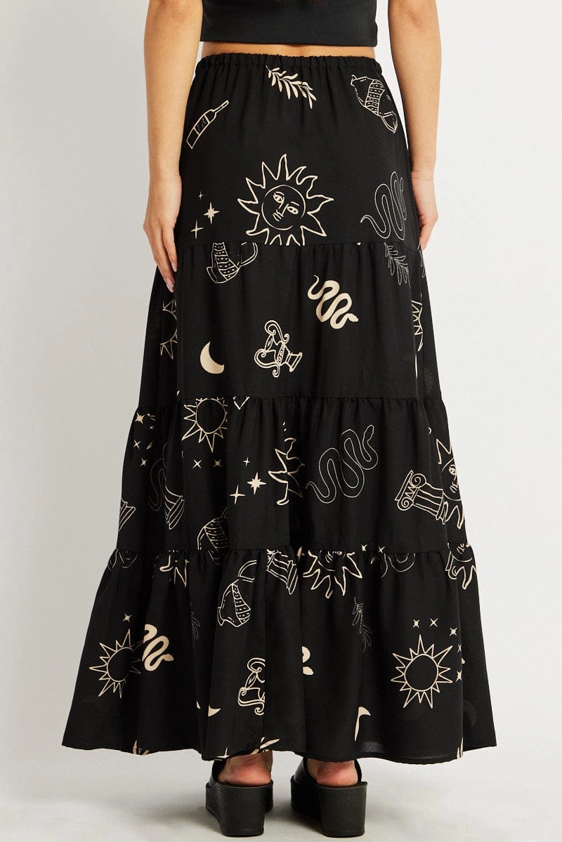 Black Abstract Maxi Skirt Tiered High Rise Elastic Waistband