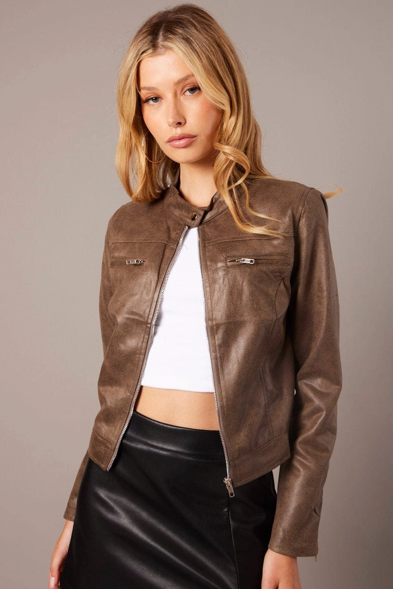 Brown Jacket Long Sleeve Crop Faux Leather