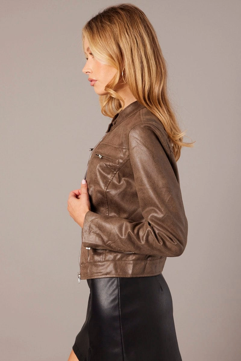 Brown Jacket Long Sleeve Crop Faux Leather
