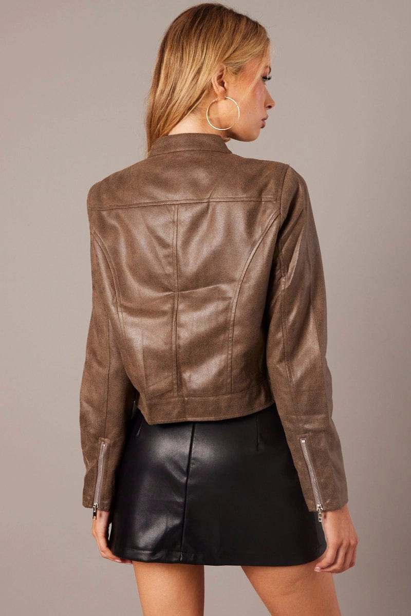 Brown Jacket Long Sleeve Crop Faux Leather