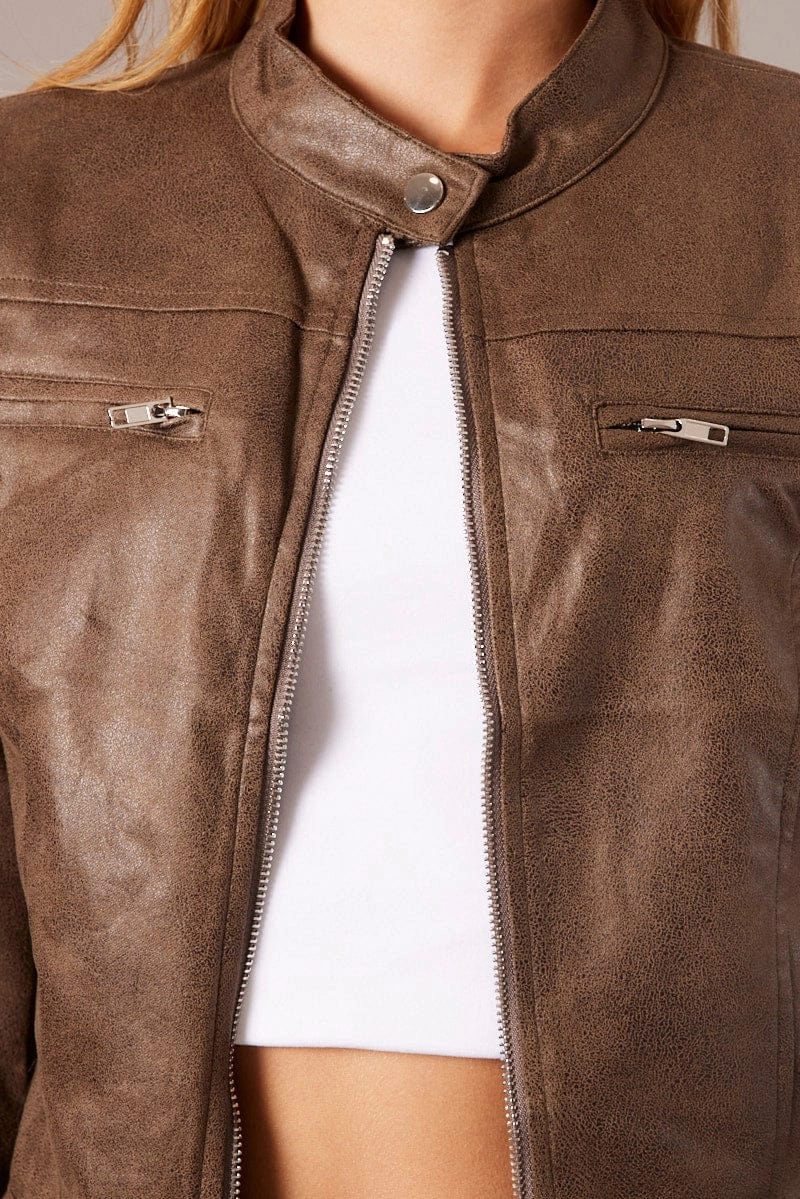 Brown Jacket Long Sleeve Crop Faux Leather