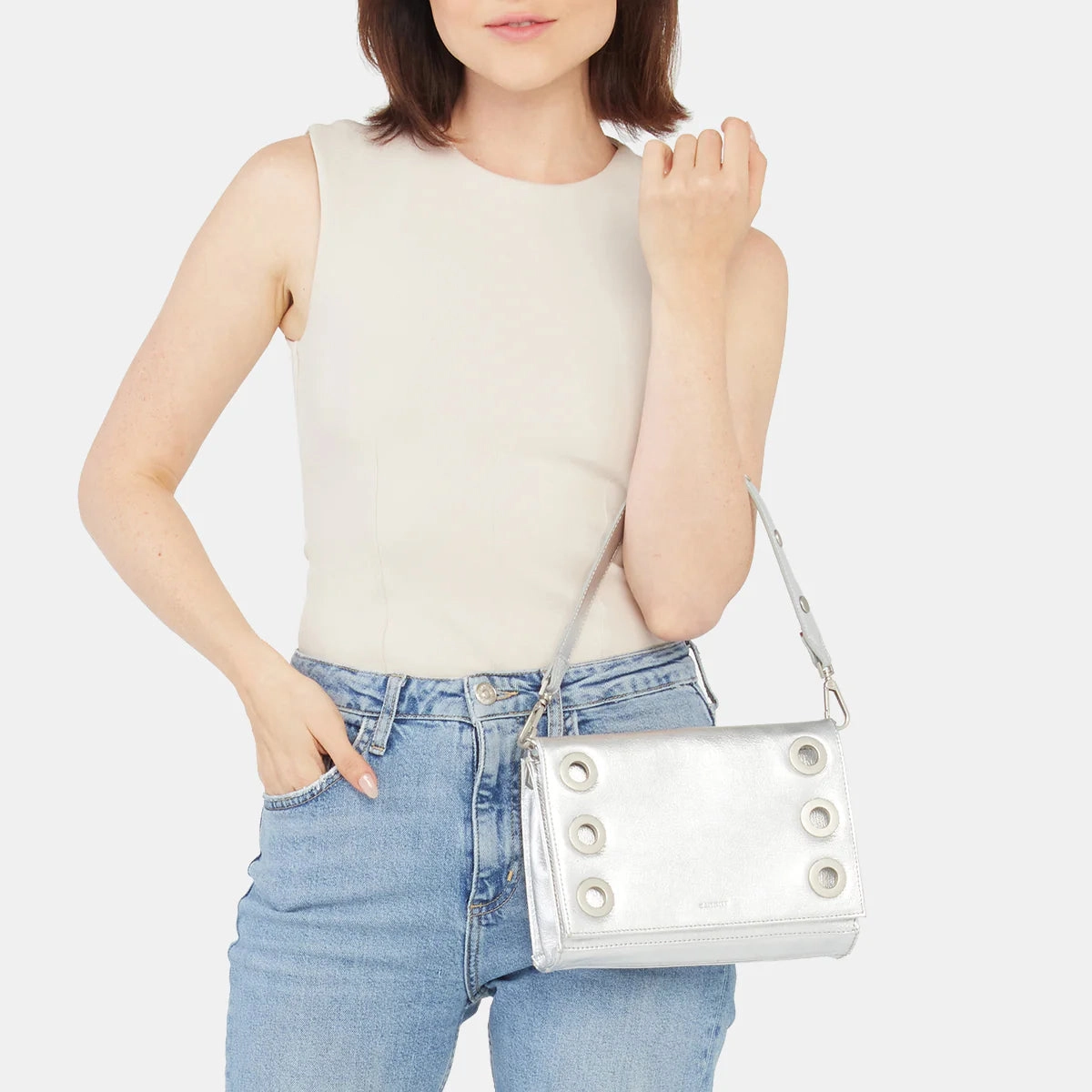 Hammitt Montana Leather Clutch Sml Handbag Sidewalk Silver/Brushed Silver