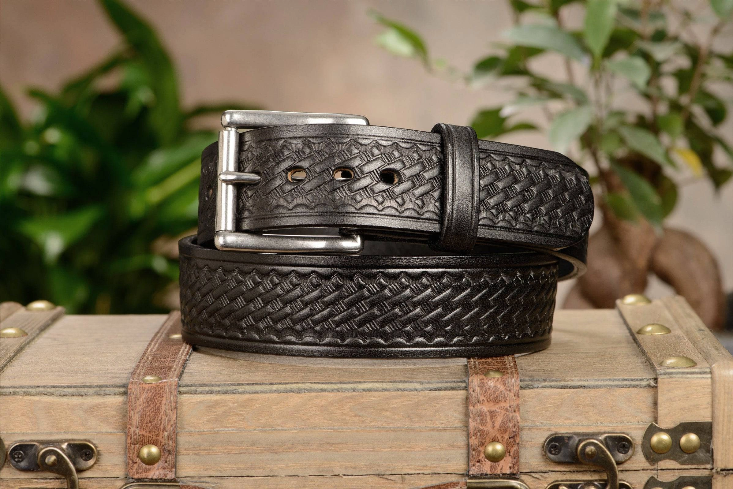 The Eastwood: Men's Black Basket Weave Leather Belt Max Thick 1.75" Extra Wide