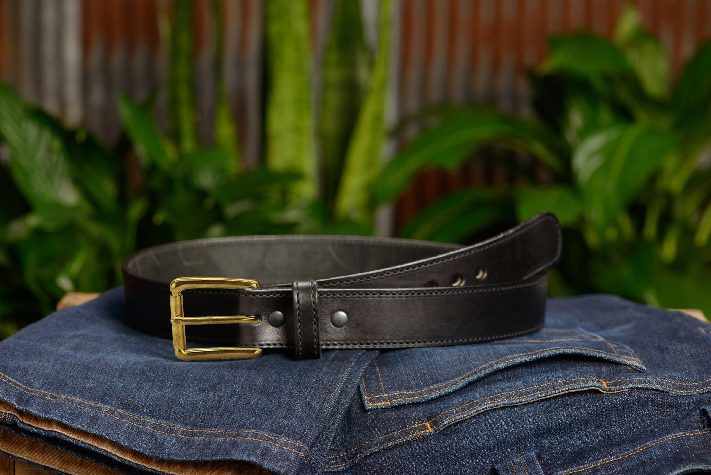 The Eastwood: Men's Black Stitched Leather Belt Max Thick With Brass 1.50"
