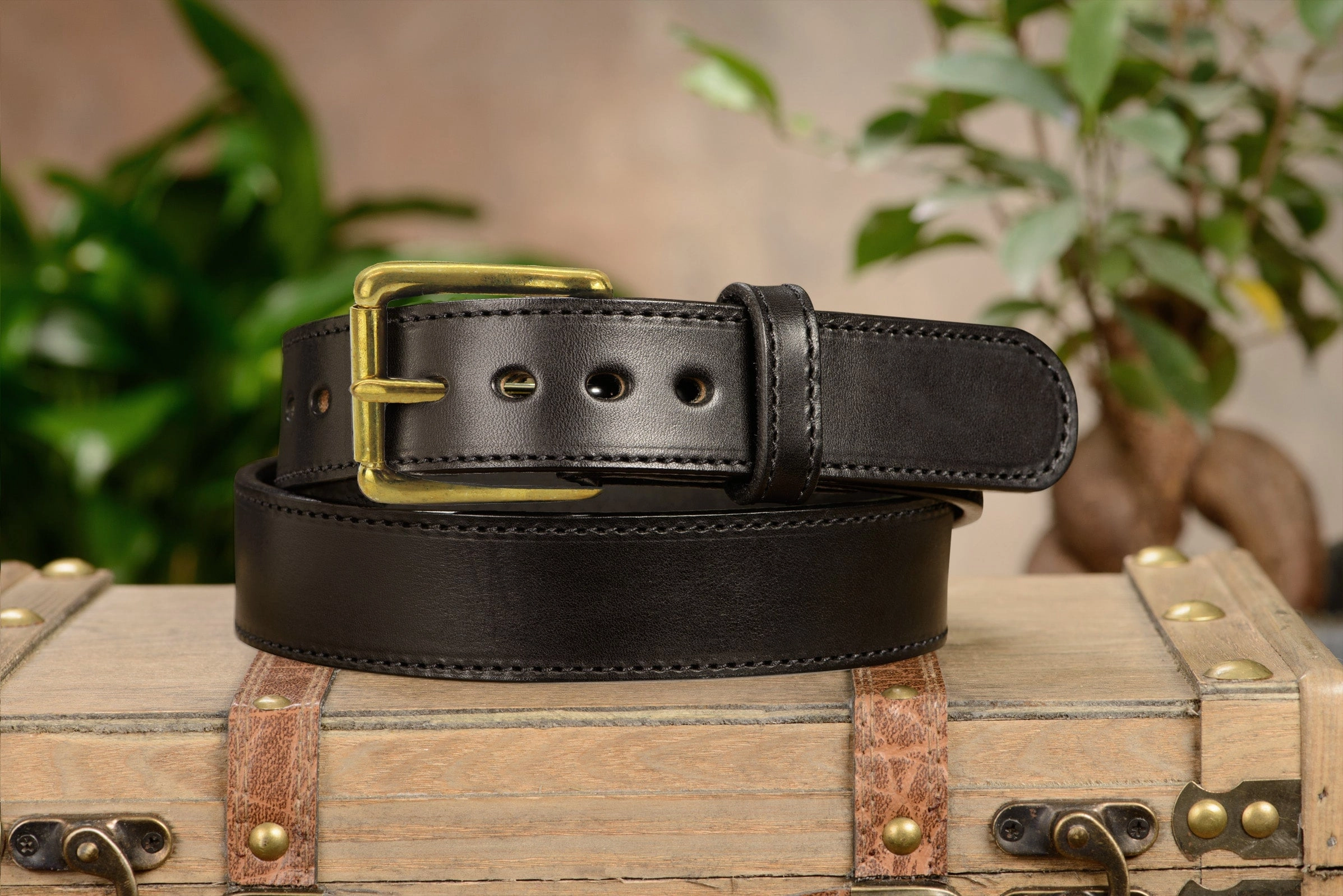 The Eastwood: Men's Black Stitched Leather Belt Max Thick With Brass 1.50"