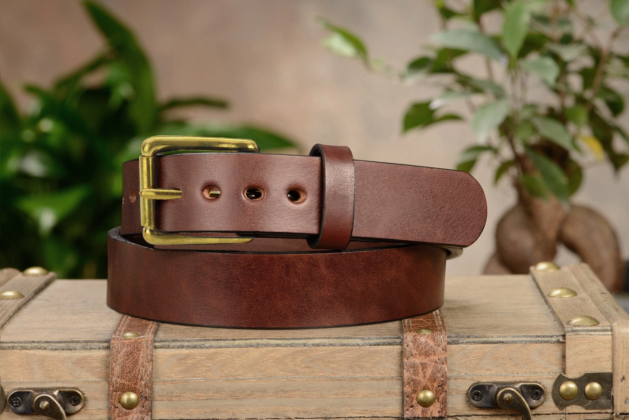 The Eastwood: Men's Brown Non Stitched Leather Belt Max Thick With Brass 1.50"