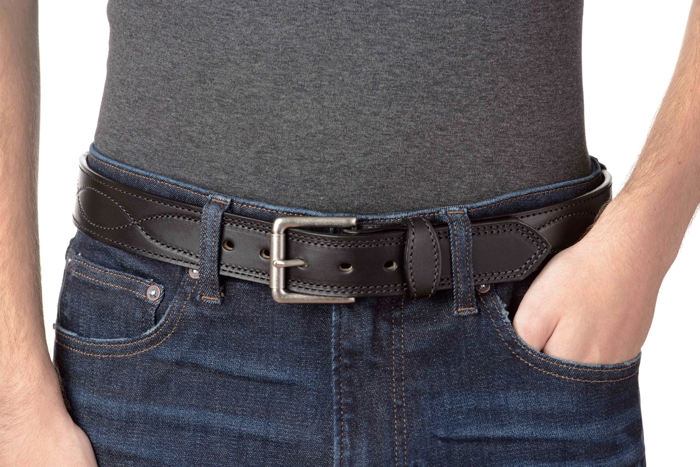 The Maverick: Men's Black Figure 8 Stitched Leather Belt With Black Thread 1.50"