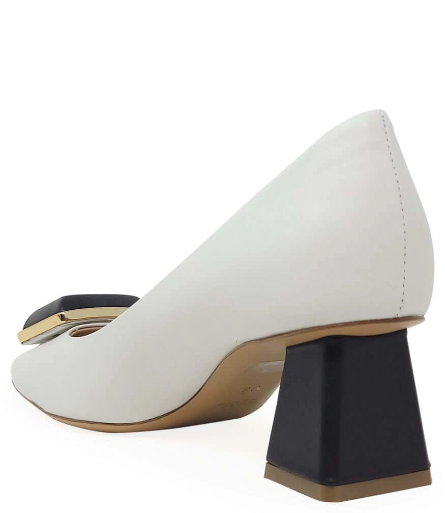 White/Black Leather Block Heel